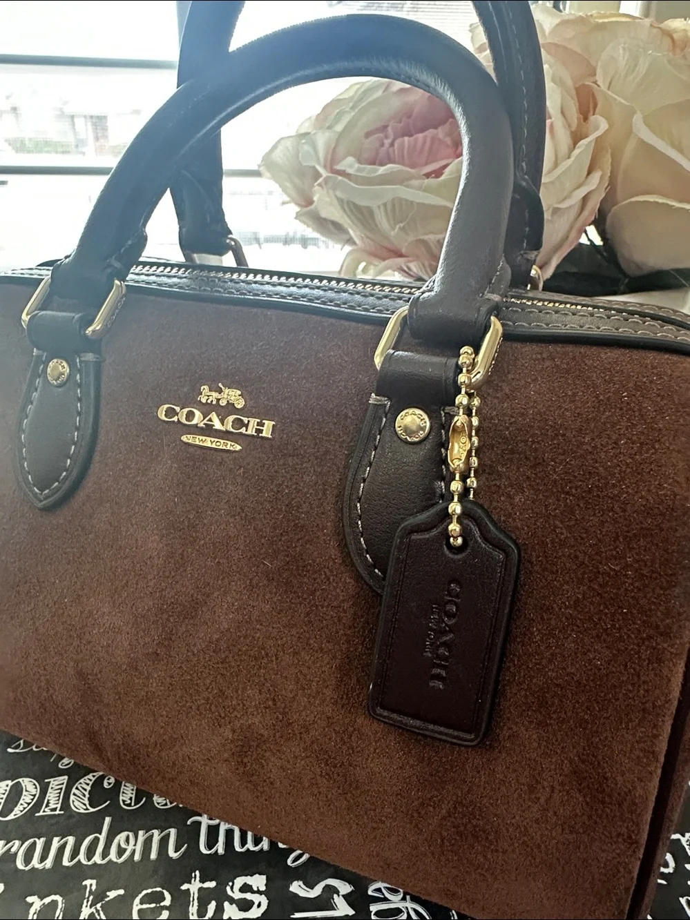 NWT Coach mini Rowan in vintage brown suede